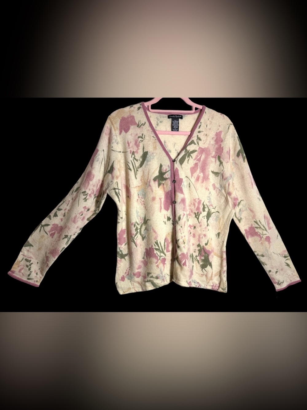 Alexandra Bartlett Cream Floral Button-Front Cardigan with Pink Trim
